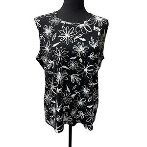 Allison Daley Black White Floral Sleeveless Blouse Career Office Top L